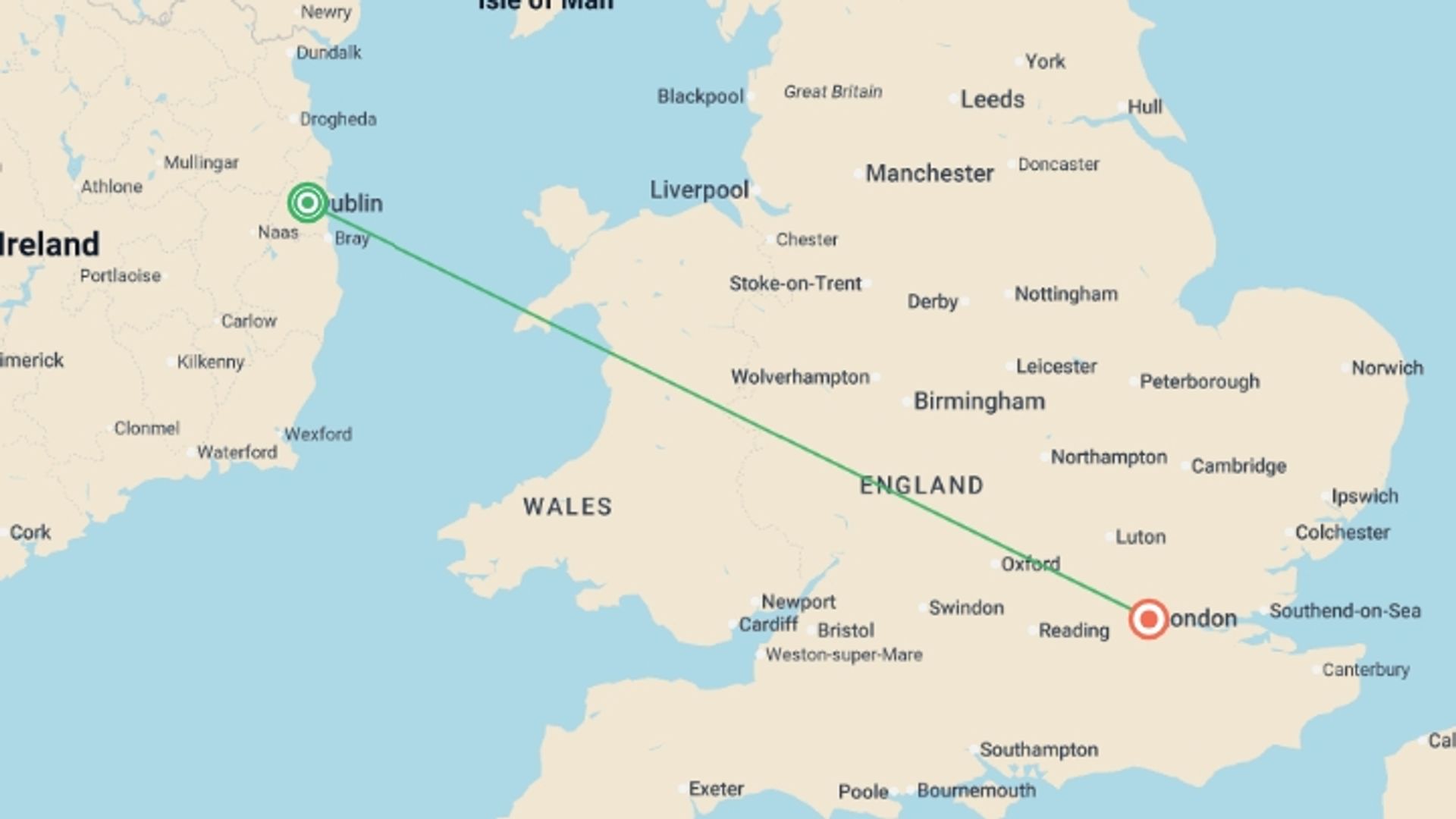 A map showing the tour itinerary for the trip: Exploring the United Kingdom and Dublin, starting in Dublin, Ireland and ending in London, England going through 0 other destinations.