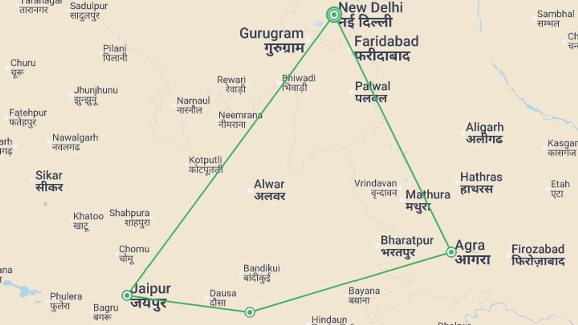 A map showing the tour itinerary for the trip: India's Golden Triangle, starting in New Delhi, India and ending in New Delhi, India going through 3 other destinations.