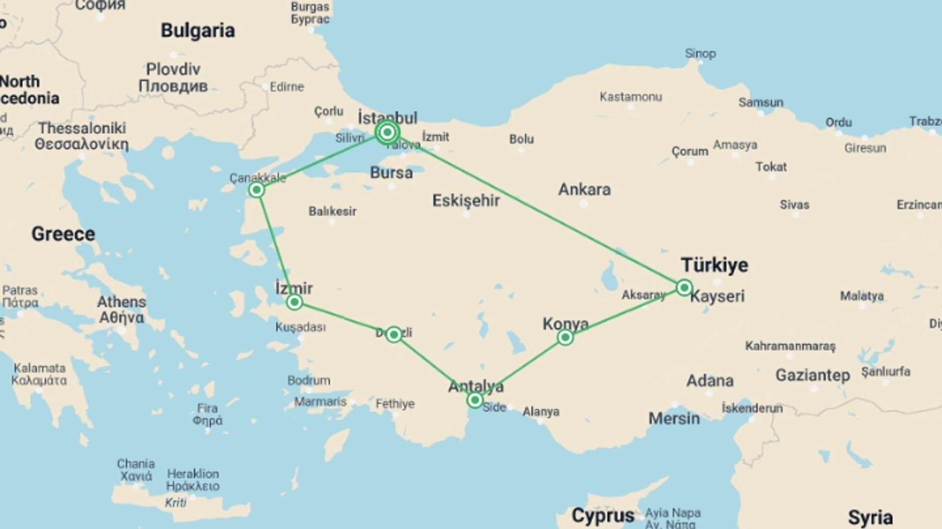 A map showing the tour itinerary for the trip: Essential Turkey Luxury Tour, starting in Istanbul, Turkey and ending in Istanbul, Turkey going through 6 other destinations.