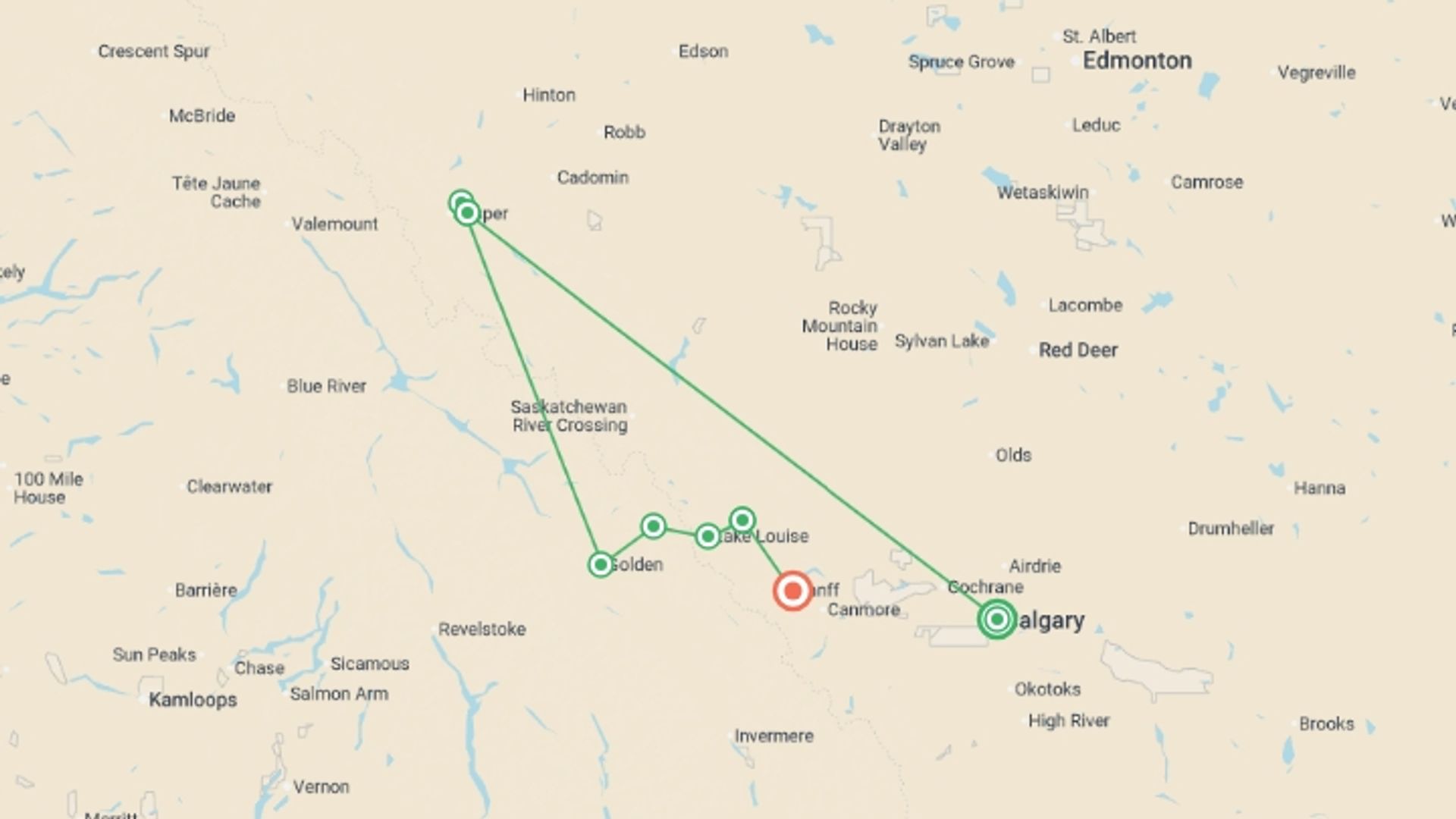A map showing the tour itinerary for the trip: Discover the Canadian Rockies, starting in Calgary, Canada and ending in Banff, Canada going through 7 other destinations.