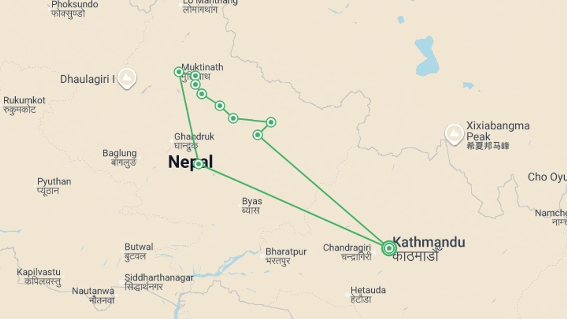 A map showing the tour itinerary for the trip: Annapurna Circuit Trek - 14 days, starting in Kathmandu, Nepal and ending in Kathmandu, Nepal going through 9 other destinations.