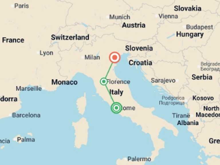 Map itinerary of Europe Tour in May 2026 with 3 destination visits for the trip: Classic Italy Highlights (4 Star) - 10 days