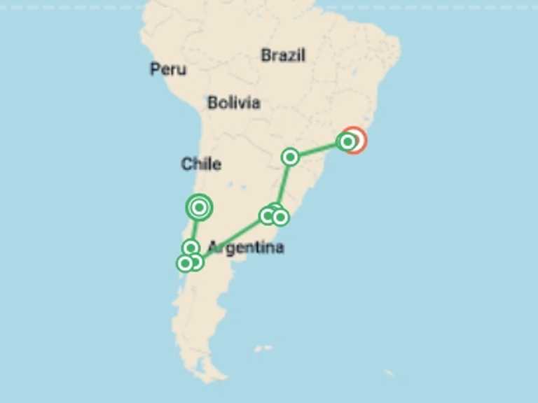Map of a Explorer Tour with 12 destination visits for the trip: Chile to Brazil: Road Trippin’ Lake District & Beyond