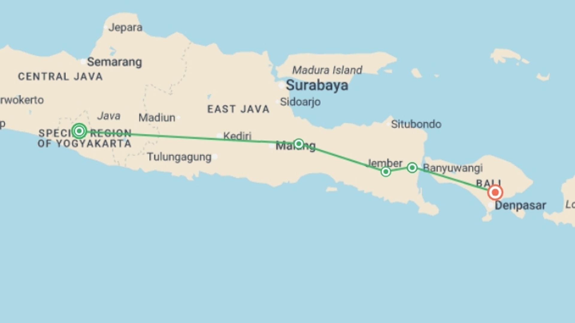 A map showing the tour itinerary for the trip: Journey Through Java to Bali - 9 days, starting in Yogyakarta, Indonesia and ending in Ubud, Indonesia going through 3 other destinations.
