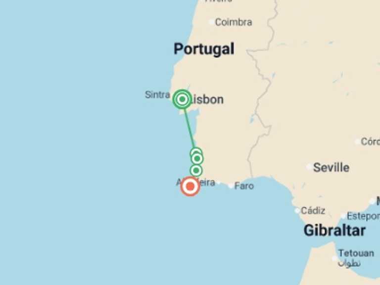 Map itinerary of Lisbon Tour in October 2026 with 5 destination visits for the trip: Hike the Rota Vicentina in Portugal