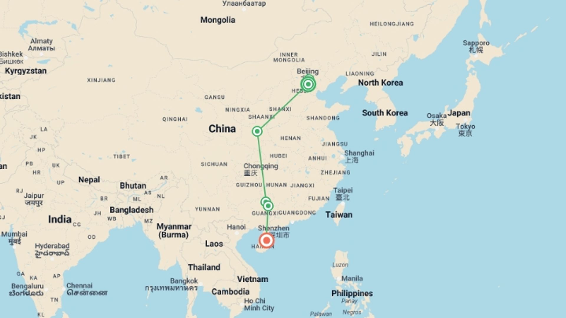 A map showing the tour itinerary for the trip: China Luxury Golf Tour, starting in Beijing, China and ending in Beijing, China going through 4 other destinations.