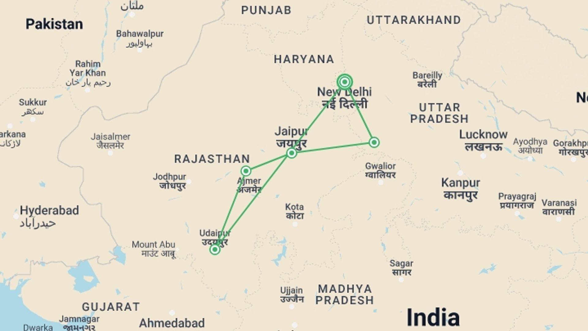 A map showing the tour itinerary for the trip: Majestic India, starting in New Delhi, India and ending in New Delhi, India going through 4 other destinations.
