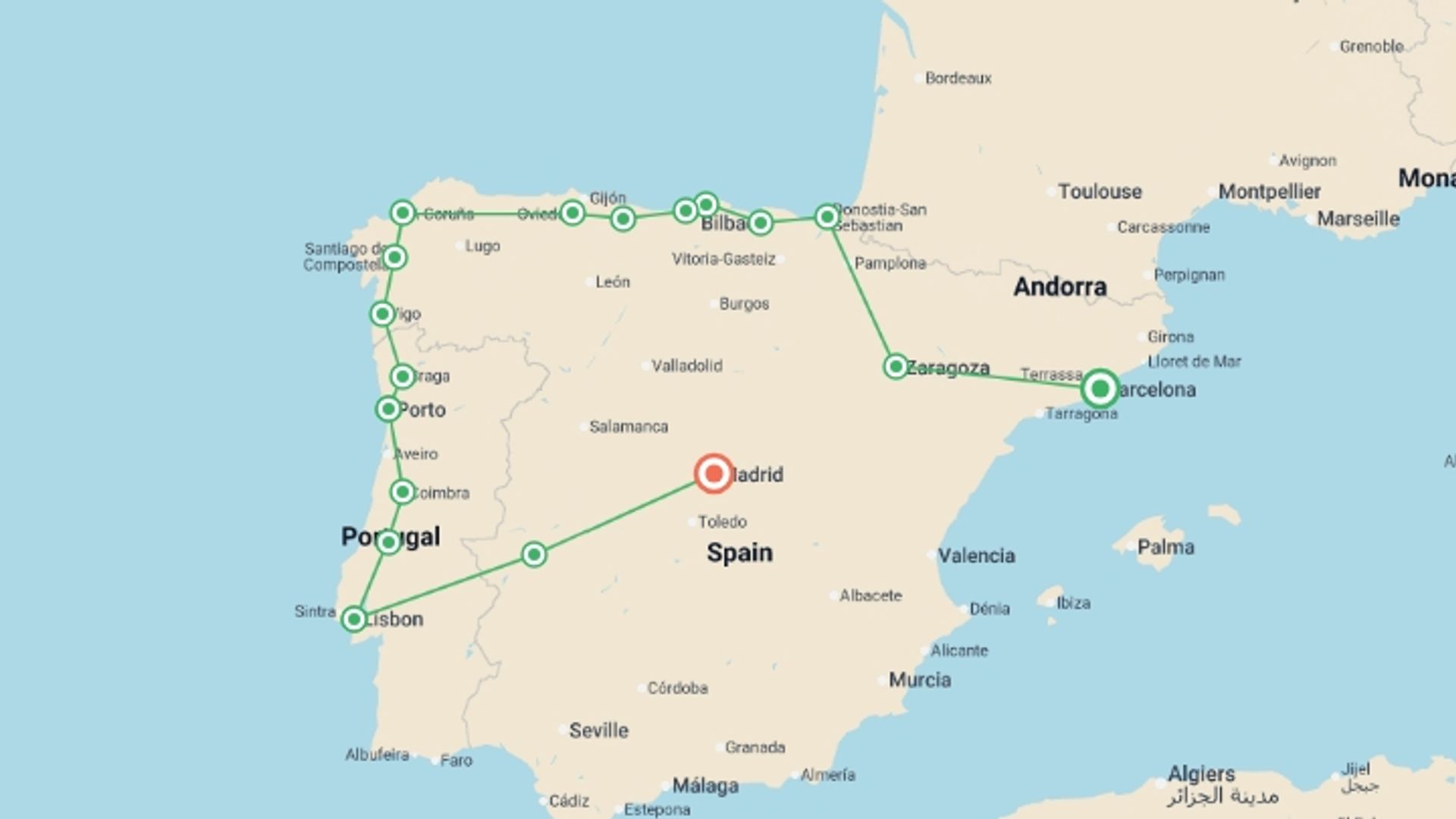 A map showing the tour itinerary for the trip: Gaudi to Galicia & Portugal - 12 days, starting in Barcelona, Spain and ending in Madrid, Spain going through 9 other destinations.