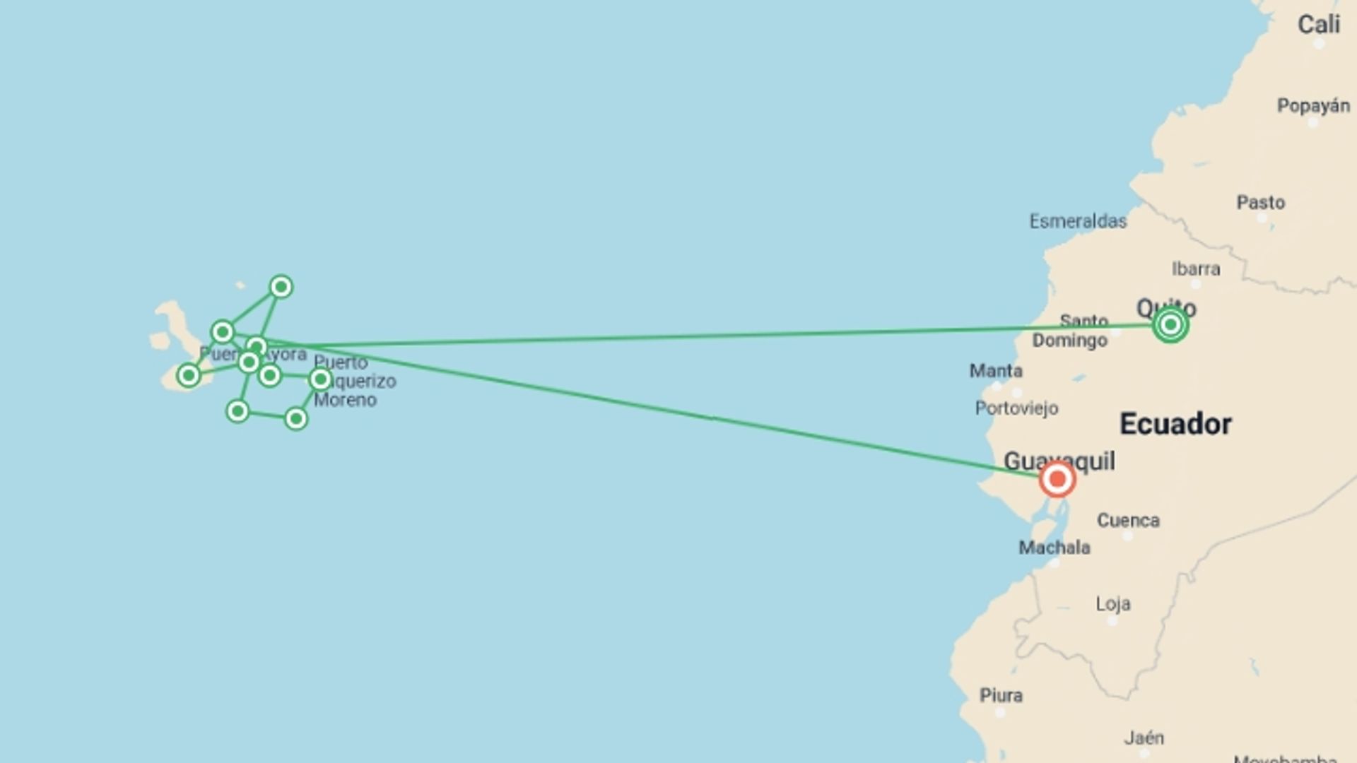 A map showing the tour itinerary for the trip: Galapagos Wildlife Cruise (Archipel I), starting in Quito, Ecuador and ending in Guayaquil, Ecuador going through 10 other destinations.