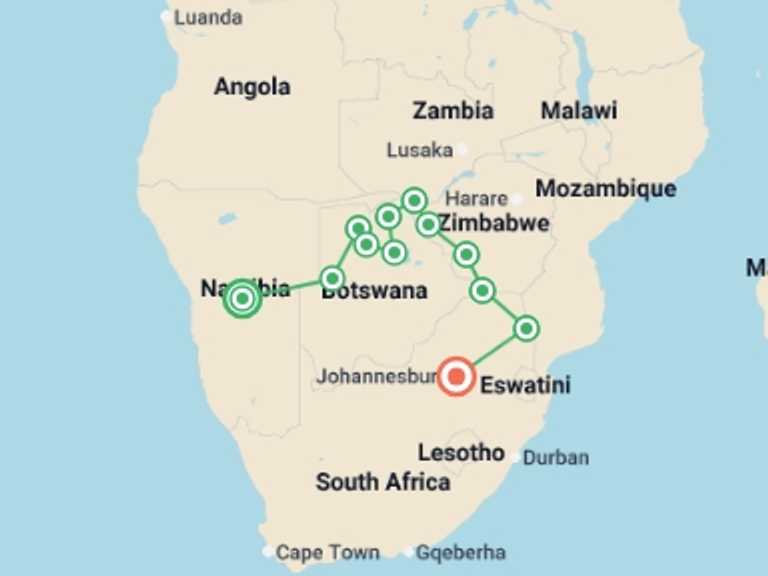 Map itinerary of Africa Tour in August 2026 with 12 destination visits for the trip: Southern Africa Safari