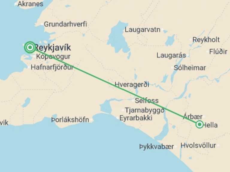 Map itinerary of Reykjavik Tour in Fall with 2 destination visits for the trip: Winter in Iceland: Waterfalls & Aurora Nights