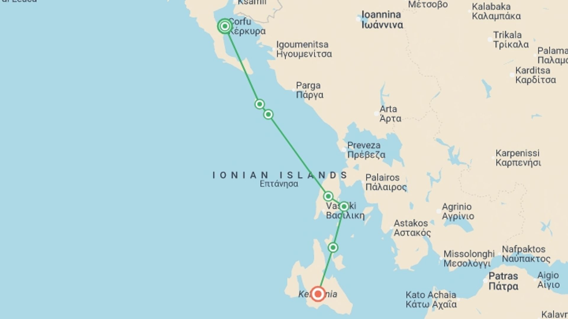 A map showing the tour itinerary for the trip: Greece Sailing Adventure: Corfu to Kefalonia, starting in Corfu, Greece and ending in Kefalonia, Greece going through 3 other destinations.