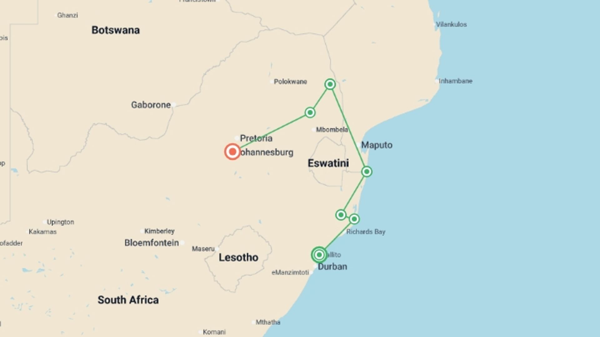 A map showing the tour itinerary for the trip: Southern Africa Safari: Kruger & Coast, starting in Dolphin Coast, South Africa and ending in Johannesburg, South Africa going through 6 other destinations.