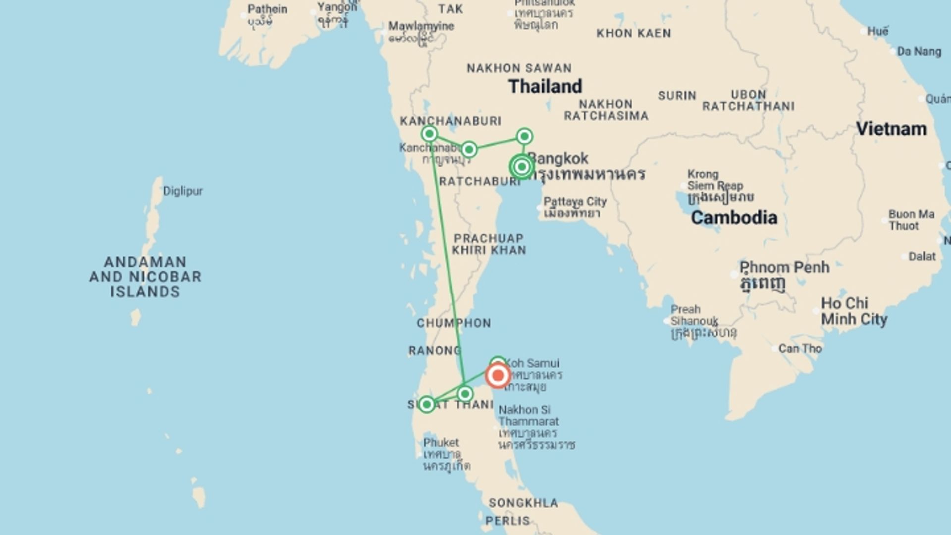 A map showing the tour itinerary for the trip: Family Thailand: River Kwai & Islands, starting in Bangkok, Thailand and ending in Koh Samui, Thailand going through 6 other destinations.