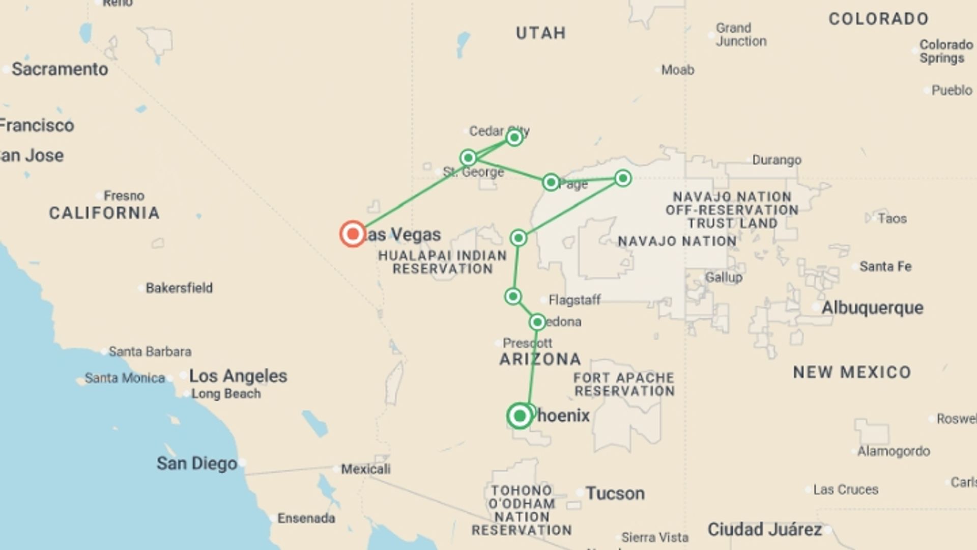 A map showing the tour itinerary for the trip: Pioneer Adventures of the Old West, starting in Phoenix, USA and ending in Las Vegas, USA going through 5 other destinations.
