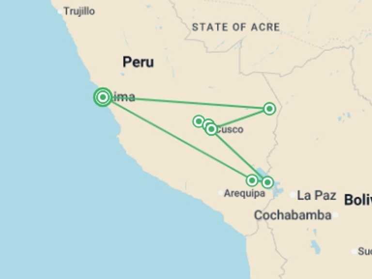 Map of Cusco Cultural, religious and historic sites Tour with 7 destination visits for the trip: Amazon, Incas & Titicaca - 13 days 