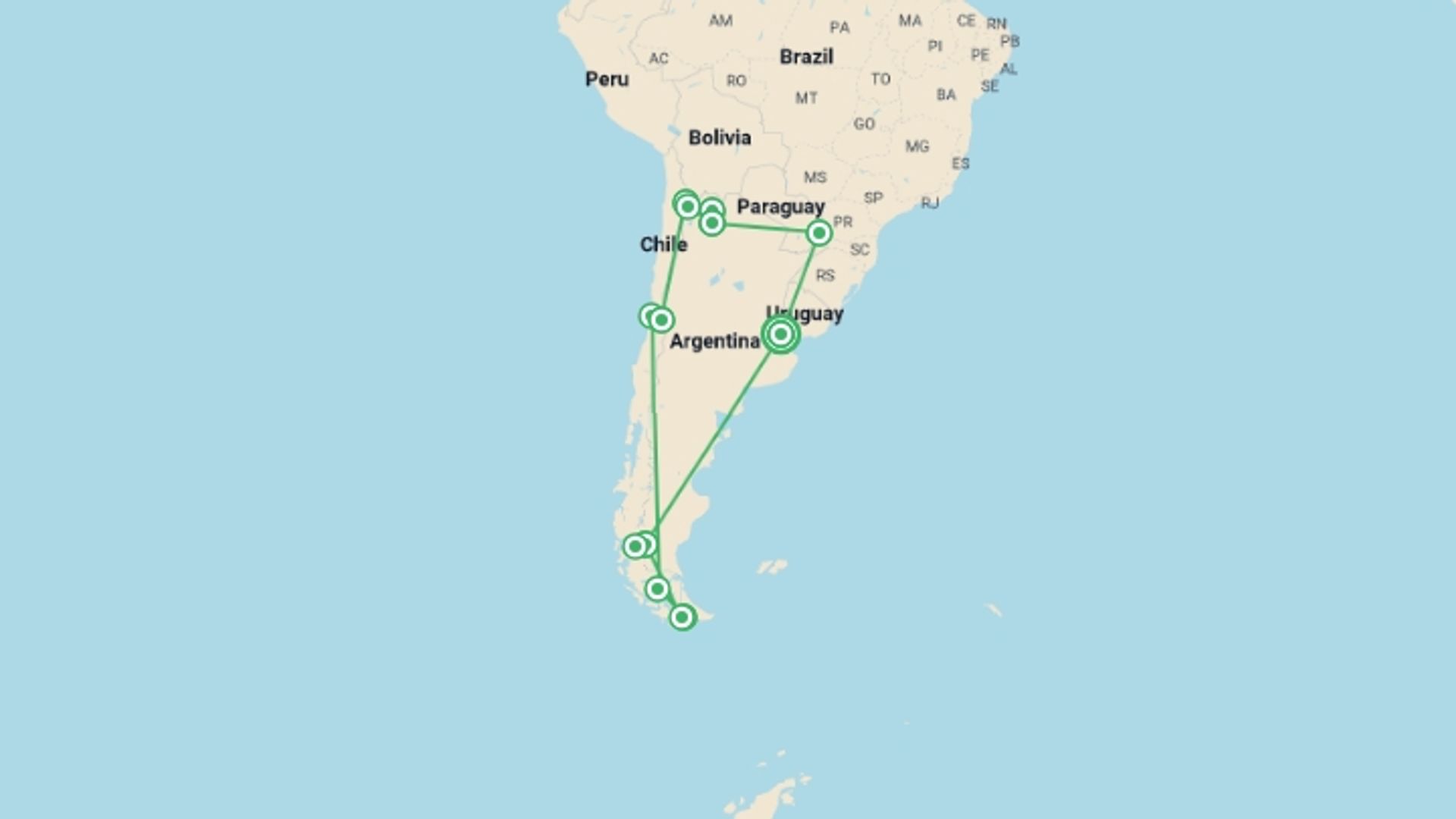 A map showing the tour itinerary for the trip: Best of Argentina and Chile Tour, starting in Buenos Aires, Argentina and ending in Buenos Aires, Argentina going through 14 other destinations.