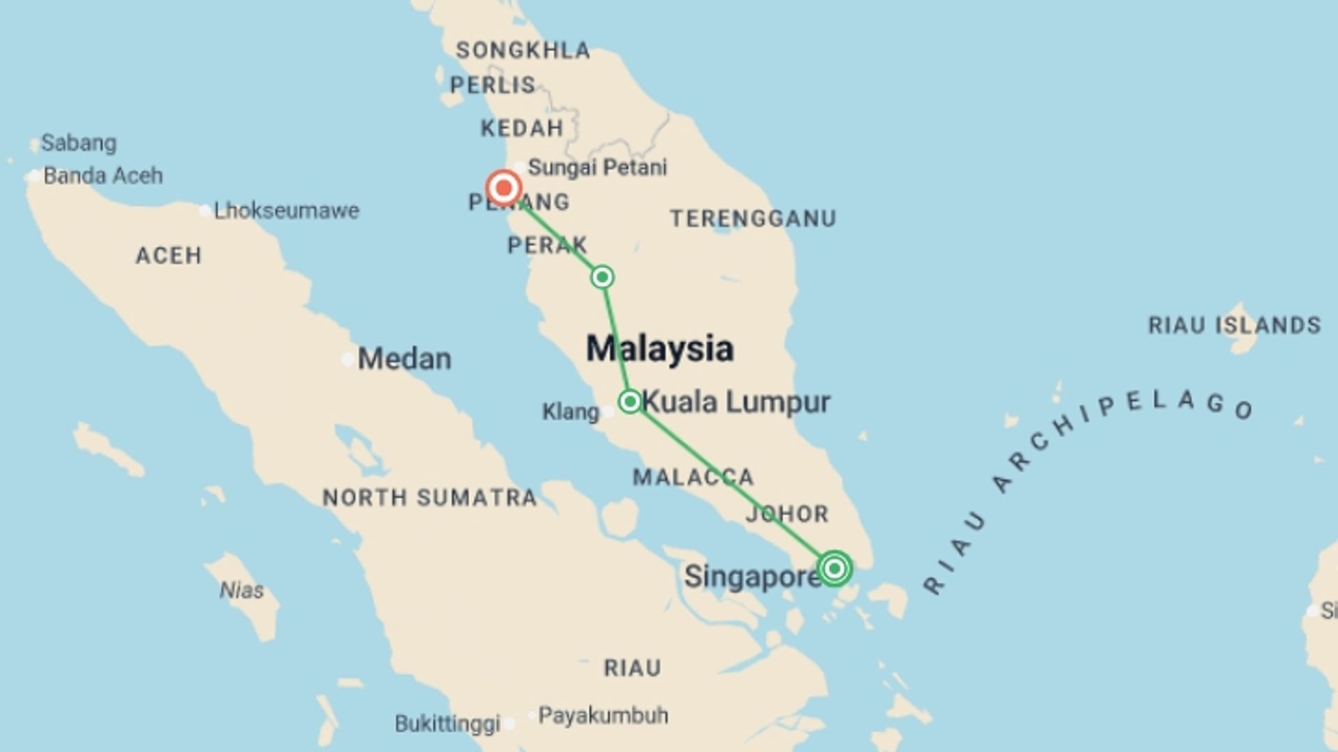 A map showing the tour itinerary for the trip: Singapore to Malaysia Real Food Adventure, starting in Singapore, Singapore and ending in Penang, Malaysia going through 2 other destinations.