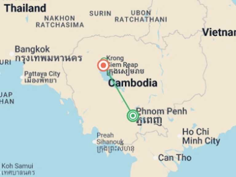 Map of 6-Day Asia Tour with 3 destination visits for the trip: Wonders of Cambodia - 6 days