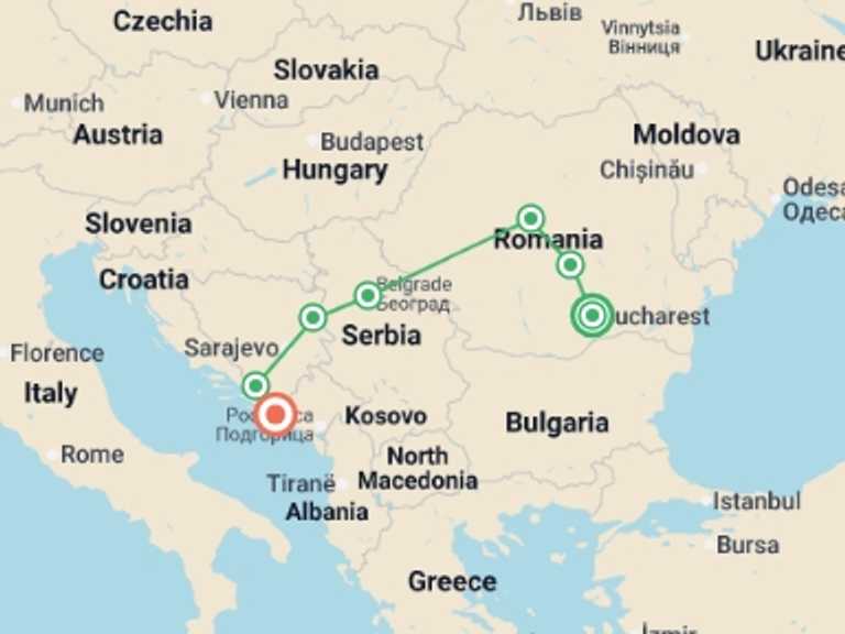 Map of Europe Tour with 7 destination visits for the trip: Balkan Peninsula