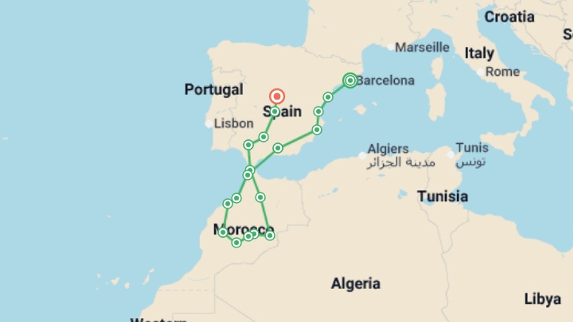 A map showing the tour itinerary for the trip: Spain and Magical Morocco, starting in Barcelona, Spain and ending in Madrid, Spain going through 9 other destinations.