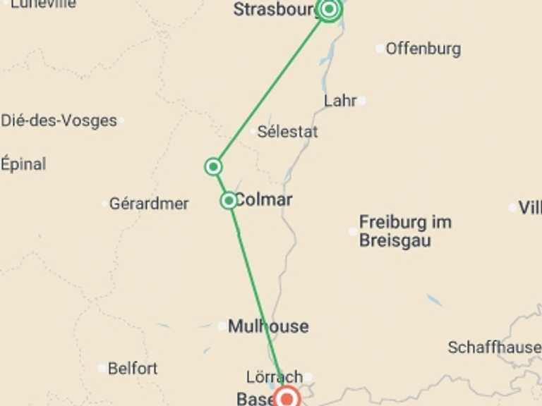 Map of Europe Tour with 3 destination visits for the trip: Magical Christmas extravaganzas in Alsace and Switzerland along the Rhine (port-to-port cruise)
