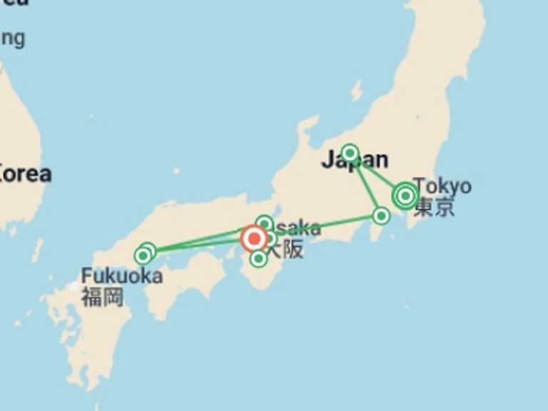 Map itinerary of Japan Tour in December 2025 with 7 destination visits for the trip: Highlights of Japan Youth Adventure  - 17 days