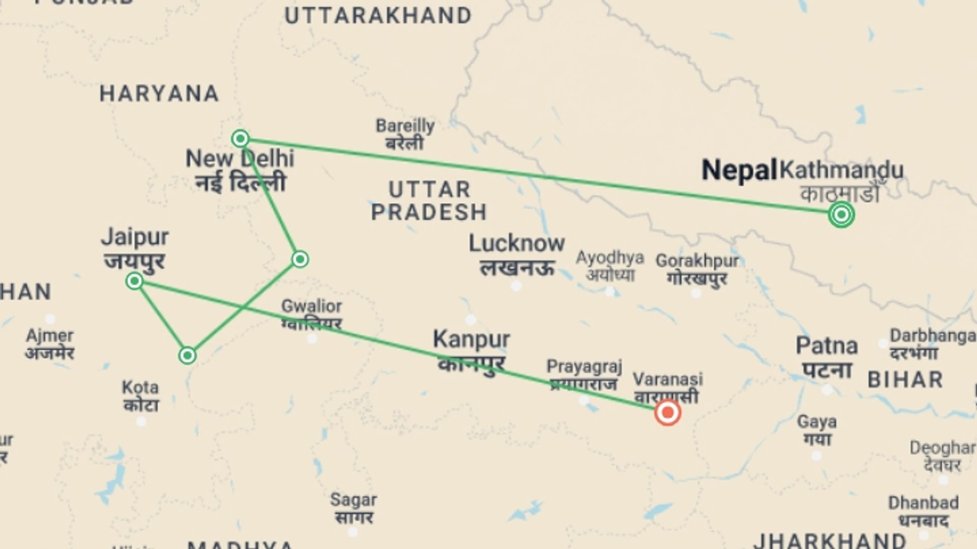 A map showing the tour itinerary for the trip: Best of India, starting in Kathmandu, Nepal and ending in Varanasi, India going through 0 other destinations.