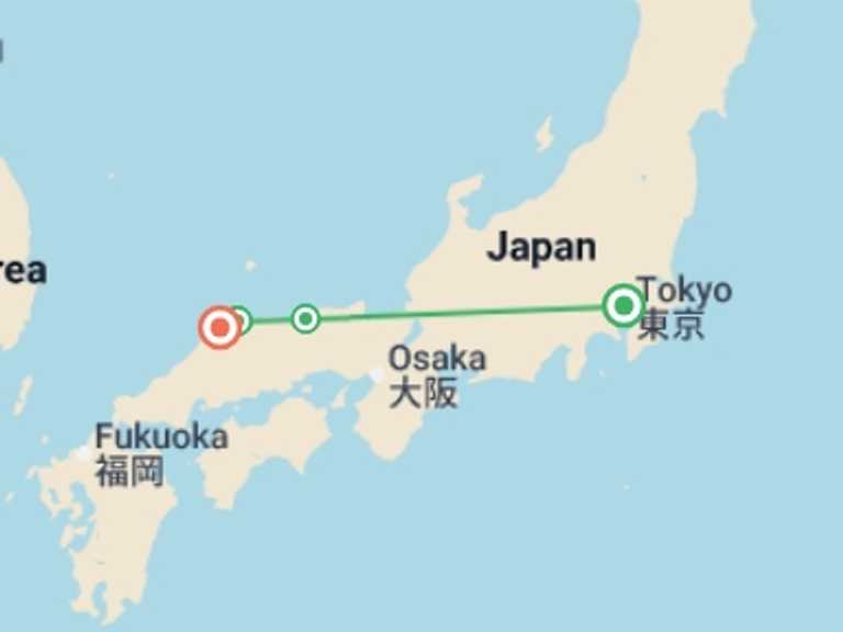Map of 10-Day Tokyo Tour with 4 destination visits for the trip: Coastal Japan: San-in Explorer