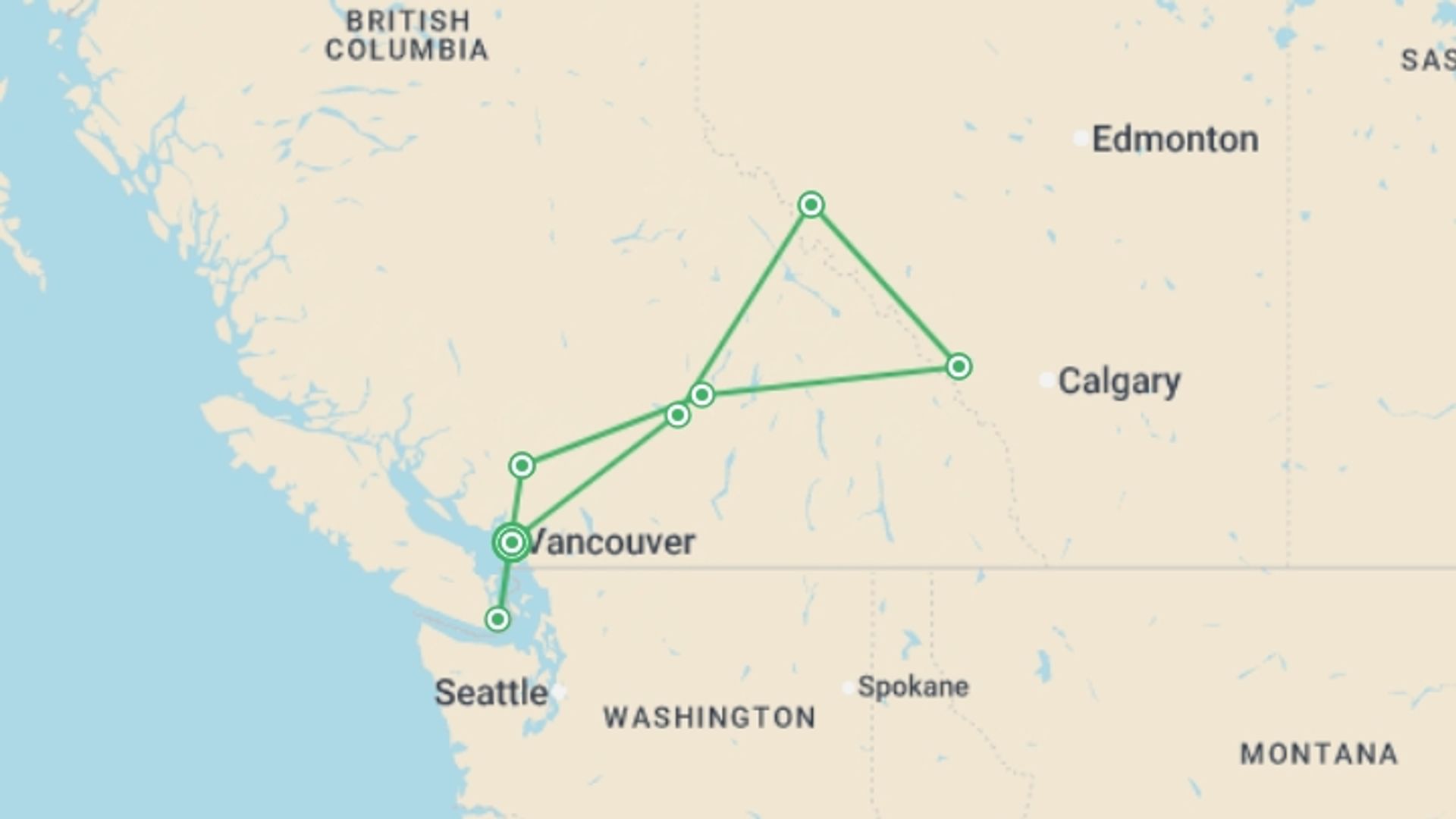 A map showing the tour itinerary for the trip: Iconic Rockies and Western Canada, starting in Vancouver, Canada and ending in Vancouver, Canada going through 4 other destinations.