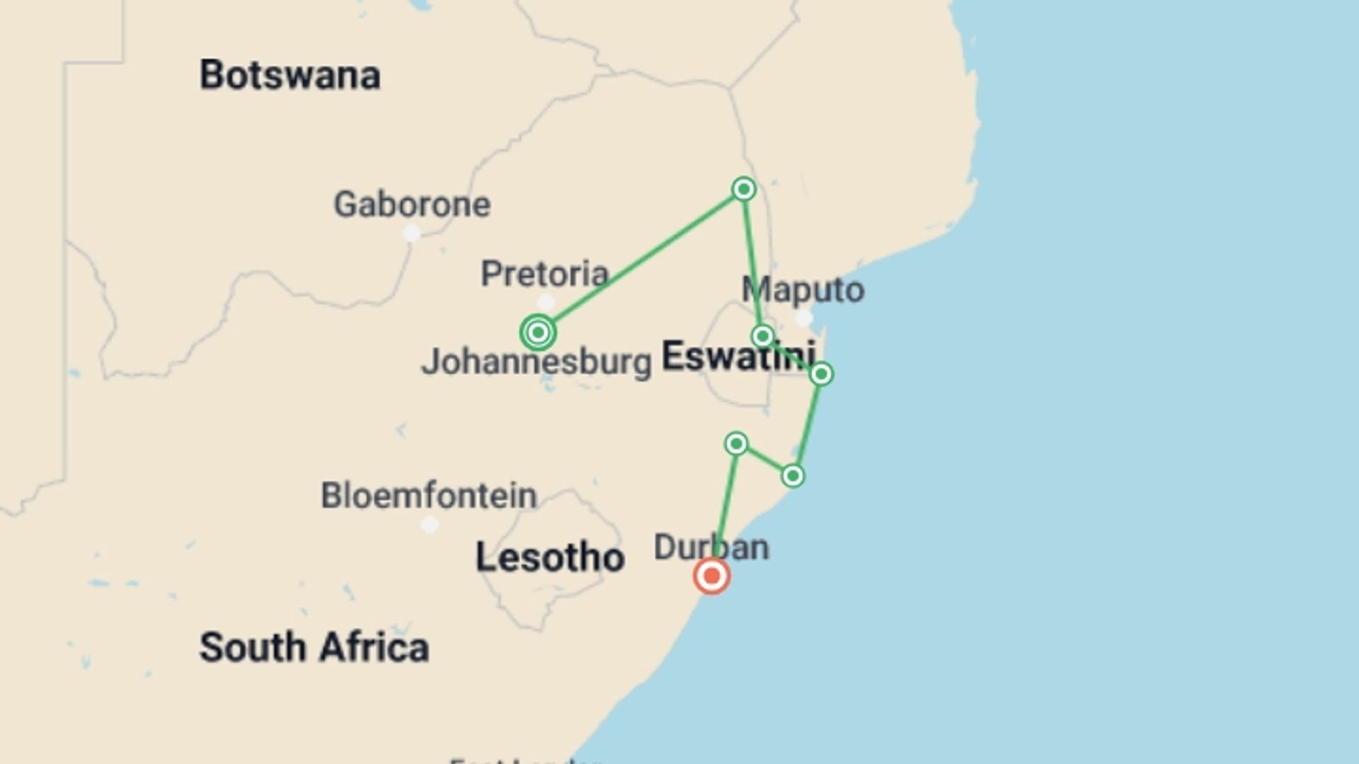 A map showing the tour itinerary for the trip: Kruger & Coast, starting in Johannesburg, South Africa and ending in Durban, South Africa going through 5 other destinations.