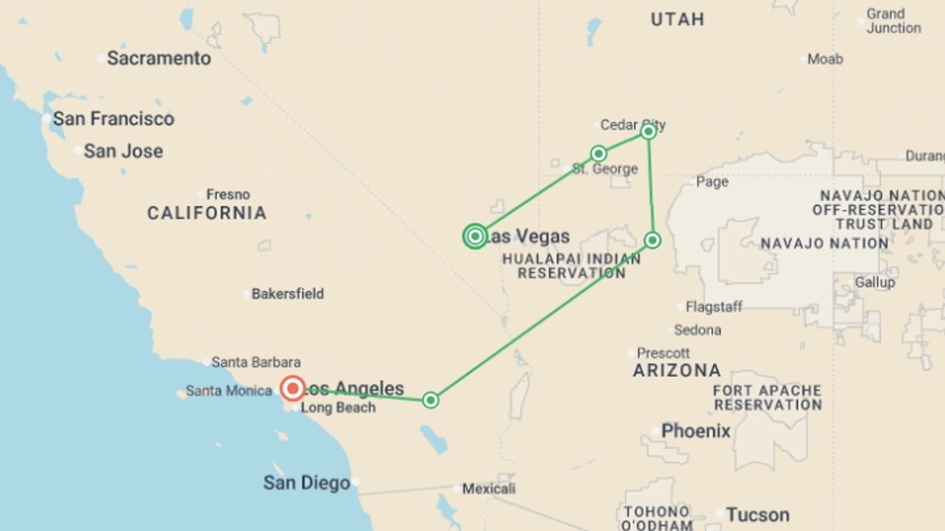 A map showing the tour itinerary for the trip: One Week from Vegas to LA, starting in Las Vegas, USA and ending in Los Angeles, USA going through 4 other destinations.