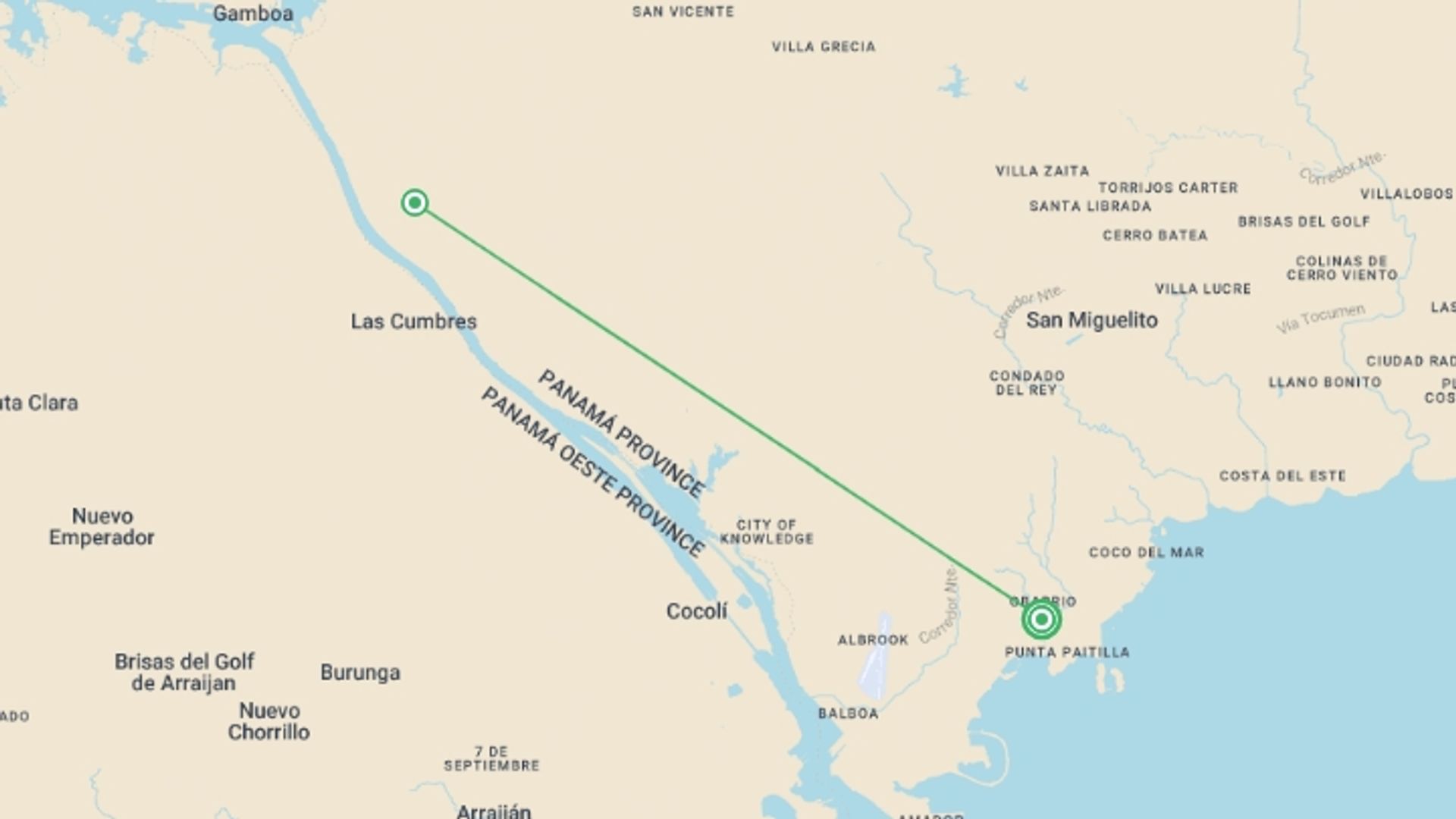 A map showing the tour itinerary for the trip: Glimpse of Panama, starting in Panama City, Panama and ending in Panama City, Panama going through 1 other destinations.