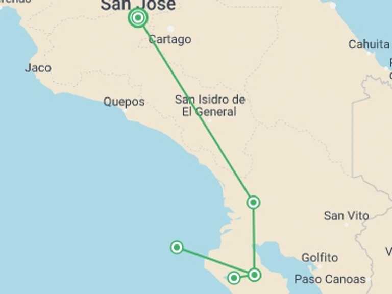 Map of San Jose Trekking and Hiking Tour with 2 destination visits for the trip: Corcovado Classic Experience, Short Break