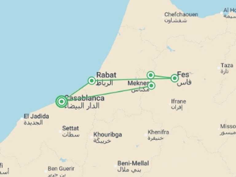 Map itinerary of Casablanca Tour in Fall with 2 destination visits for the trip: Casablanca & Fes - 5 days