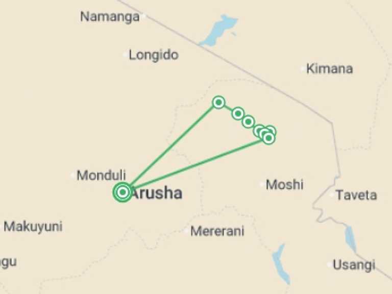 Map of Africa Climbing Tour with 8 destination visits for the trip: Kilimanjaro Climb - Lemosho Route