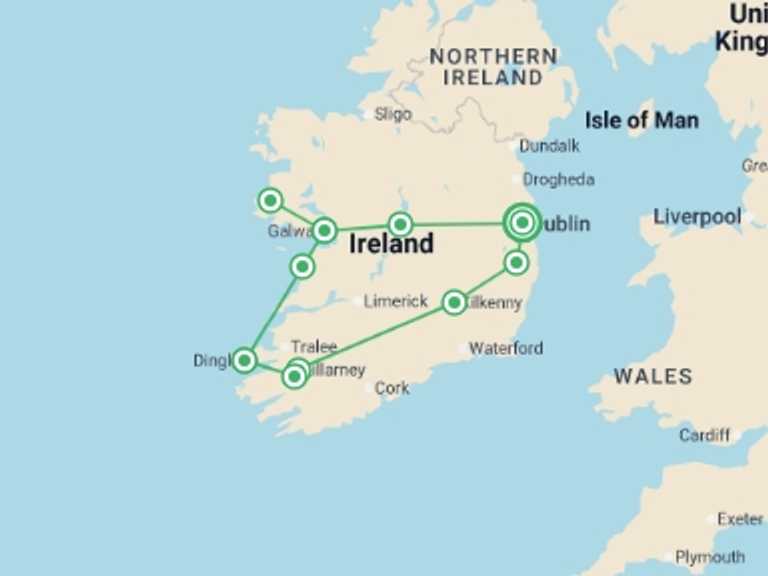 Map itinerary of Europe Tour in September 2026 with 6 destination visits for the trip: Best of the Emerald Isle - 8 days