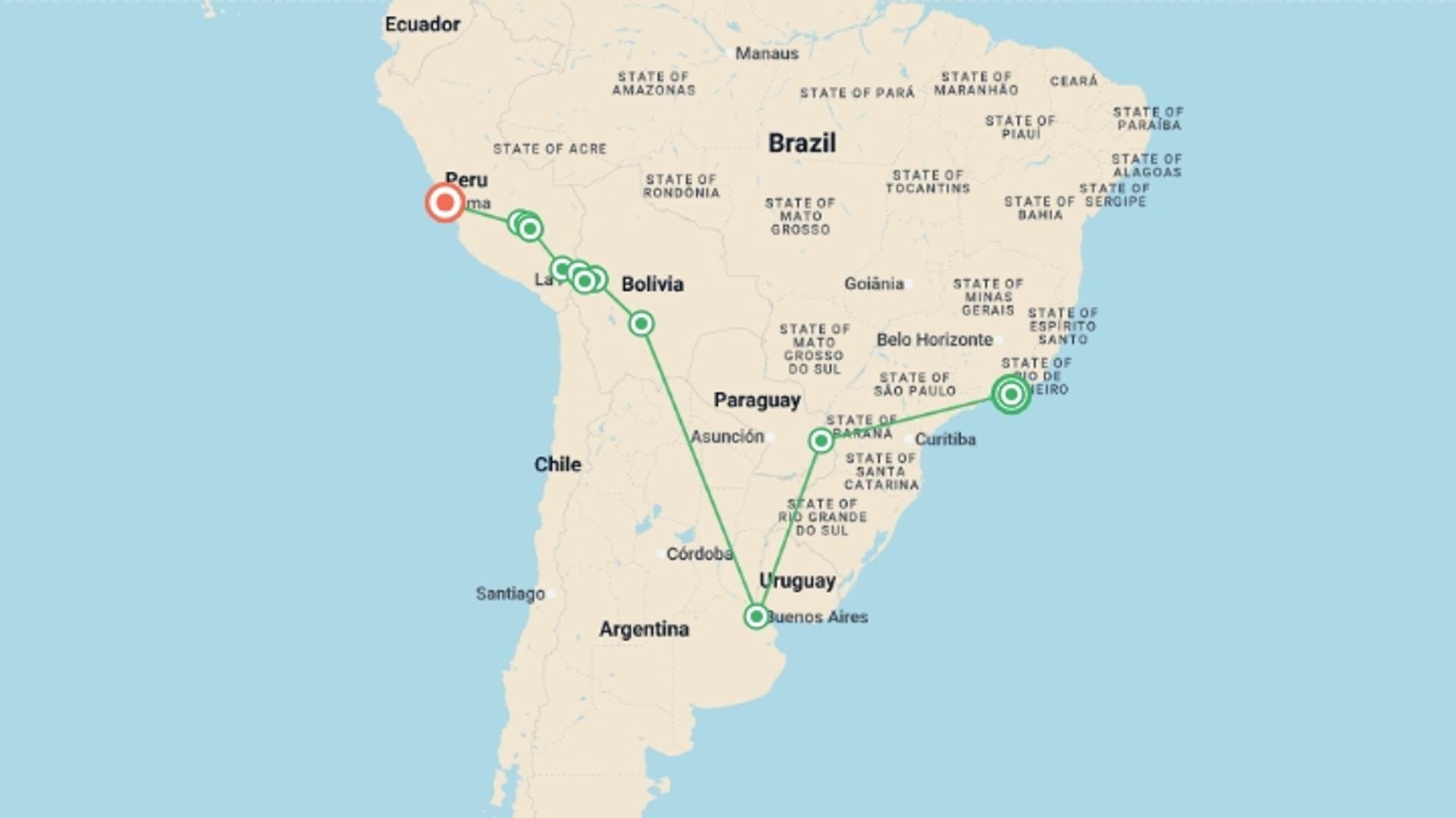 A map showing the tour itinerary for the trip: Highlights of South America - 21 days, starting in Rio de Janeiro, Brazil and ending in Lima, Peru going through 9 other destinations.