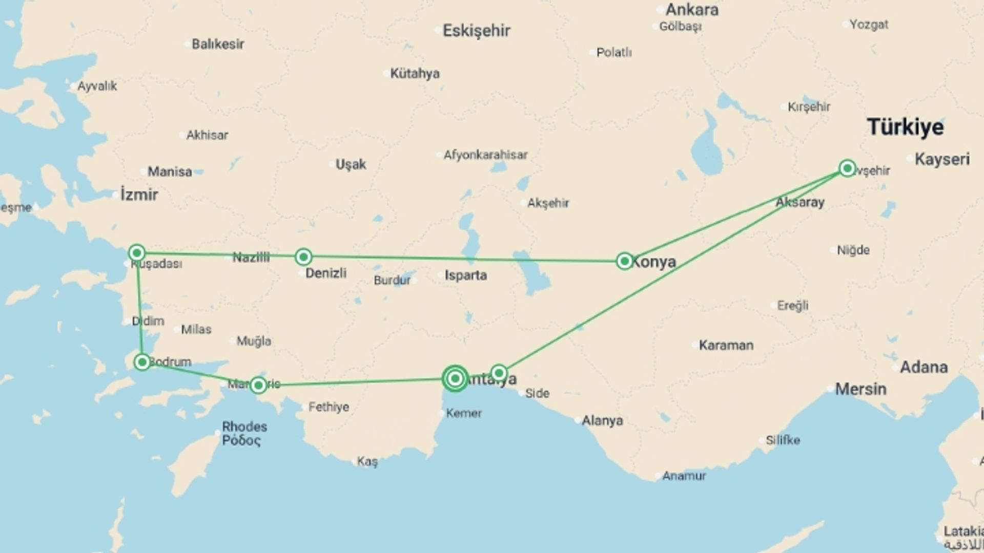 A map showing the tour itinerary for the trip: Turkish Ring, starting in Antalya, Turkey and ending in Antalya, Turkey going through 7 other destinations.