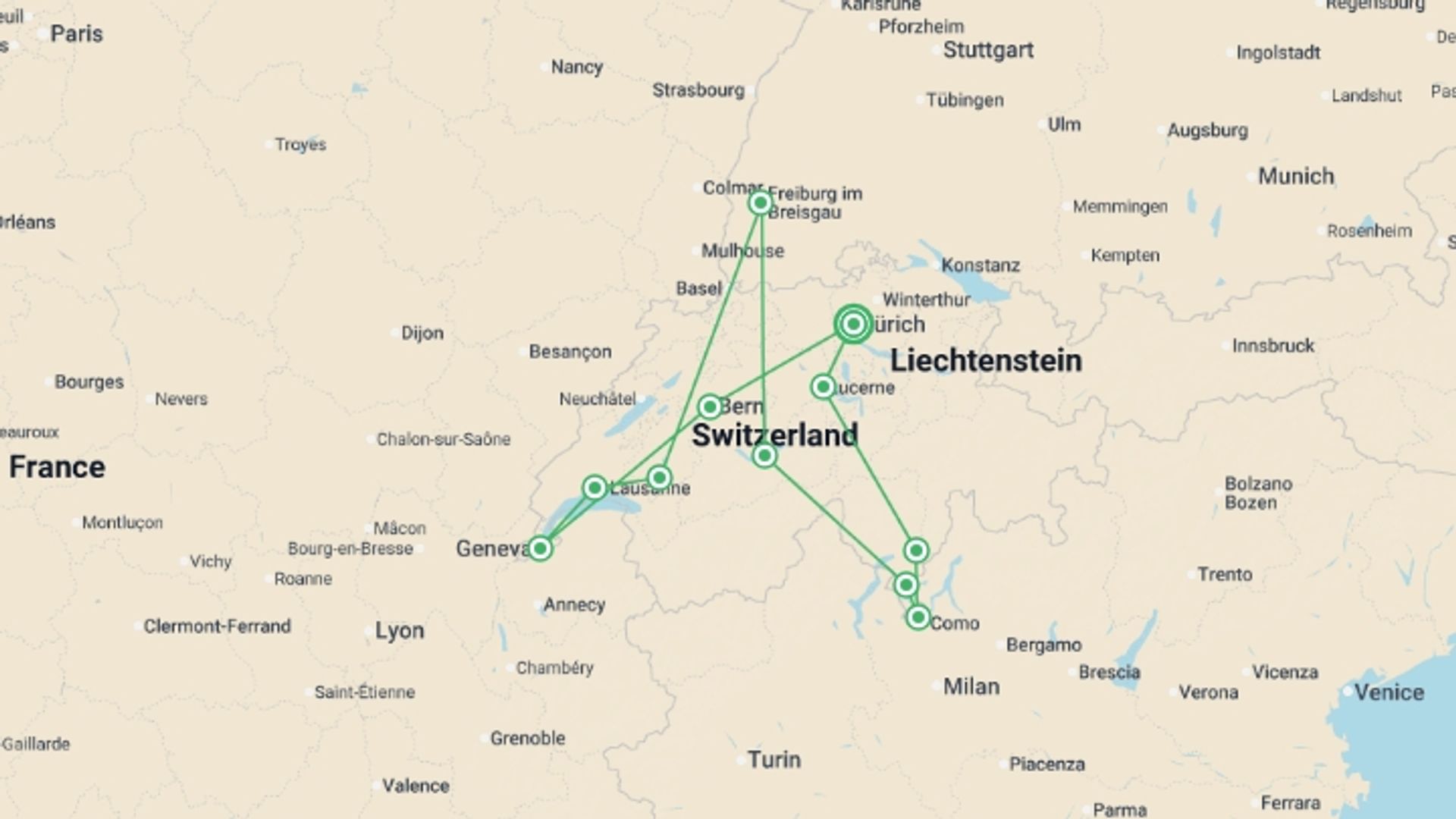 A map showing the tour itinerary for the trip: Swiss Capitals, starting in Zurich, Switzerland and ending in Zurich, Switzerland going through 3 other destinations.