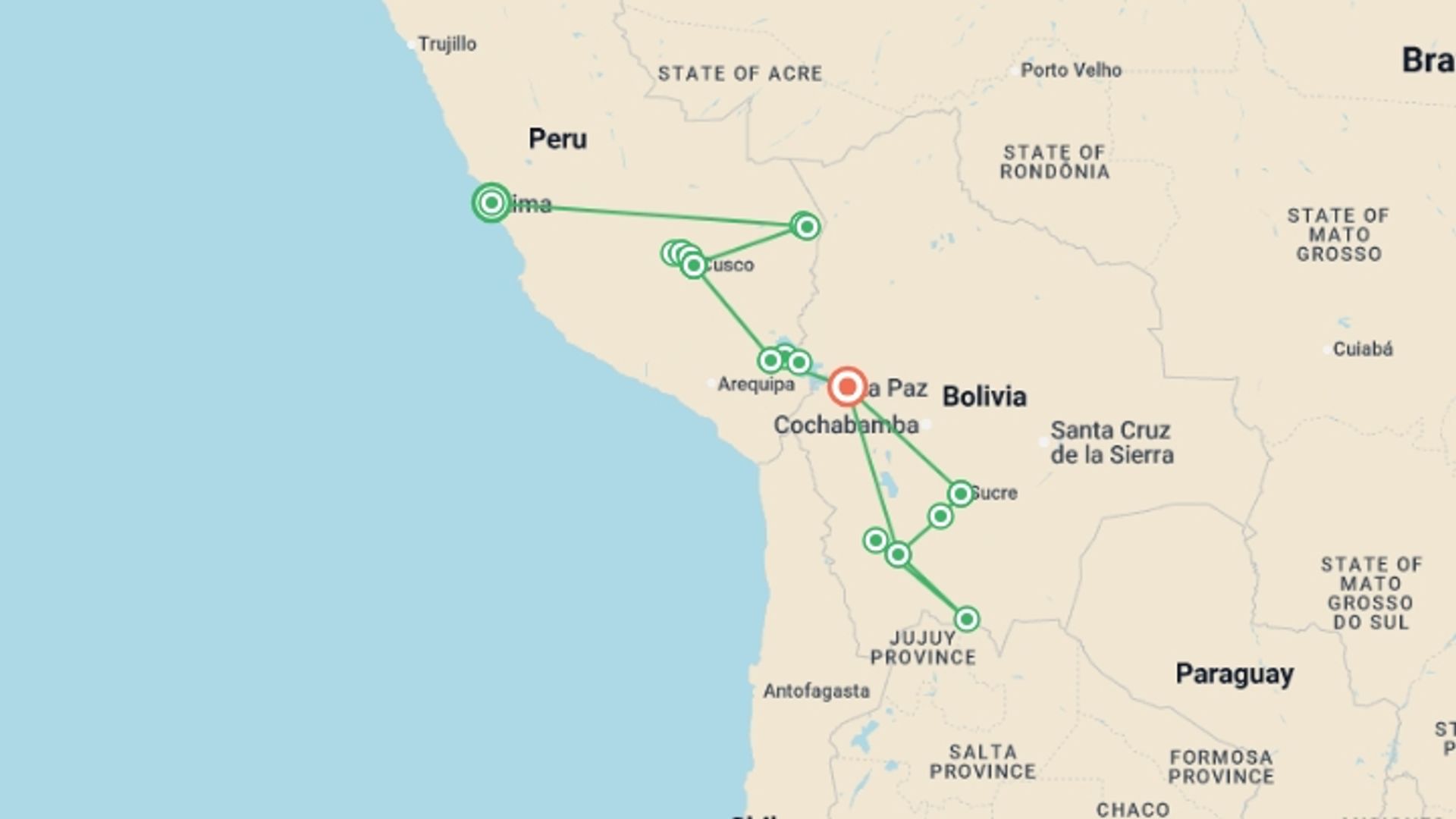 A map showing the tour itinerary for the trip: Explore Peru & Bolivia, starting in Lima, Peru and ending in La Paz, Bolivia going through 10 other destinations.