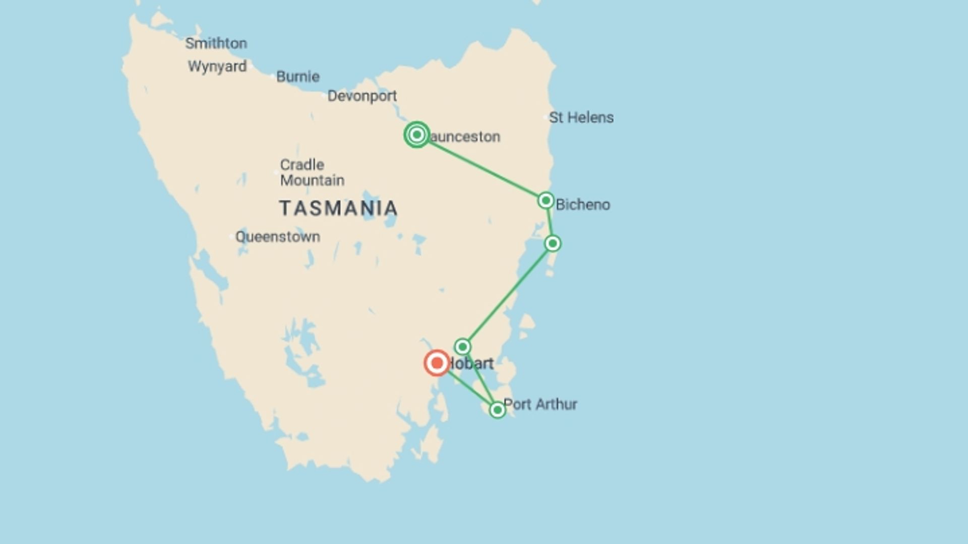 A map showing the tour itinerary for the trip: Tasmania's Wilderness and Heritage, starting in Launceston (TAS), Australia and ending in Hobart, Australia going through 5 other destinations.