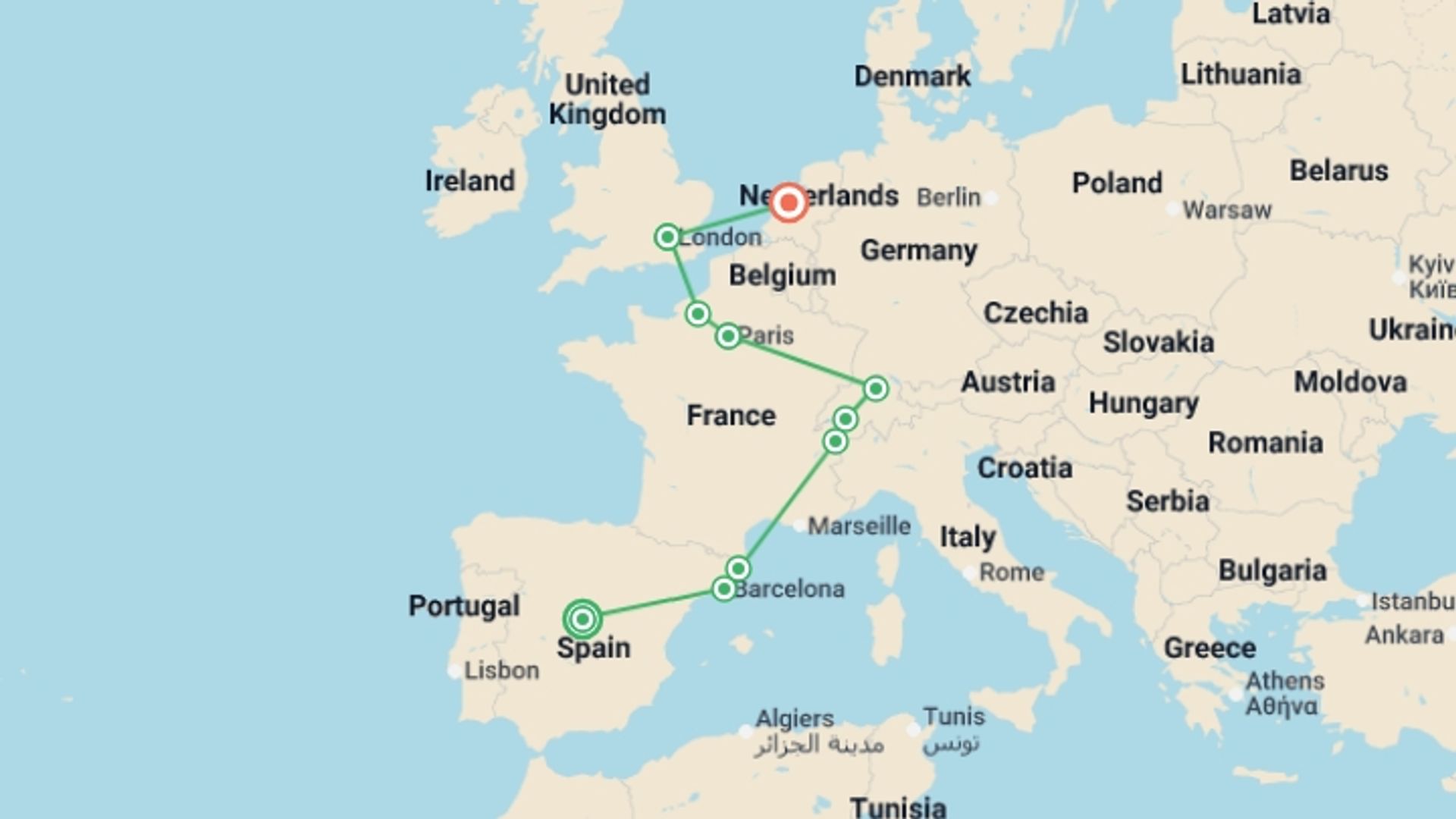 A map showing the tour itinerary for the trip: Sensational Spain, Switzerland, Paris, London and Amsterdam, starting in Madrid, Spain and ending in Amsterdam, Holland going through 8 other destinations.