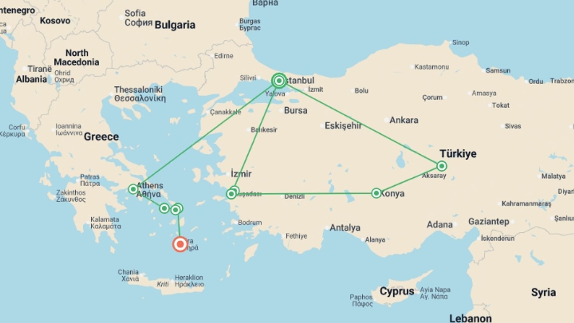 A map showing the tour itinerary for the trip: Highlights of Turkey & the Greek Islands, starting in Istanbul, Turkey and ending in Santorini, Greece going through 6 other destinations.