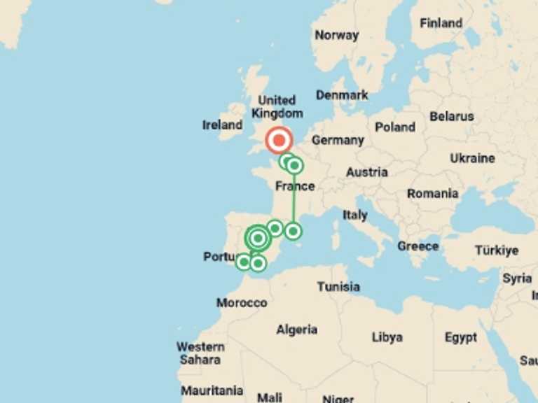 Map itinerary of Mediterranean Tour in Summer with 8 destination visits for the trip: European Grandeur