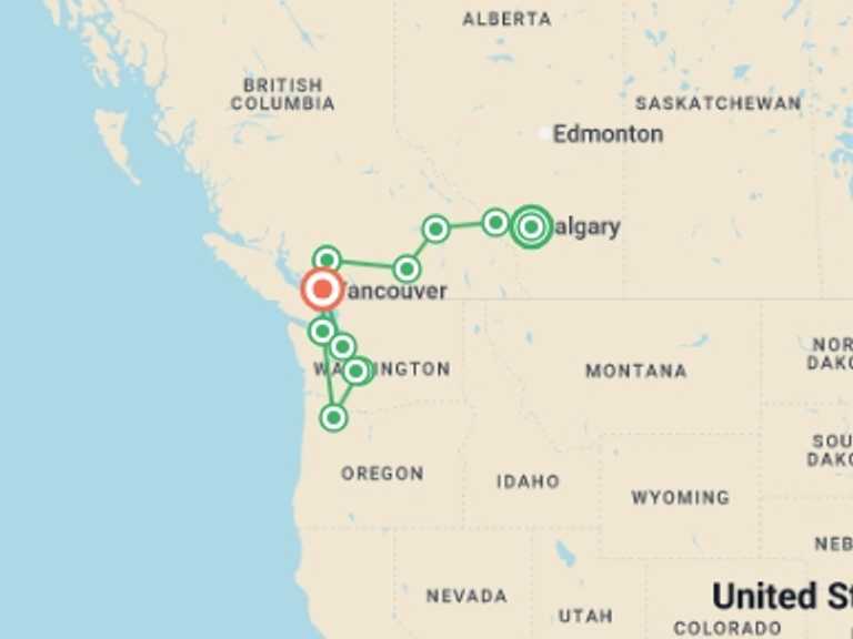 Map of Calgary Explorer Tour with 11 destination visits for the trip: Best of Northern Rockies & the Pacific Northwest