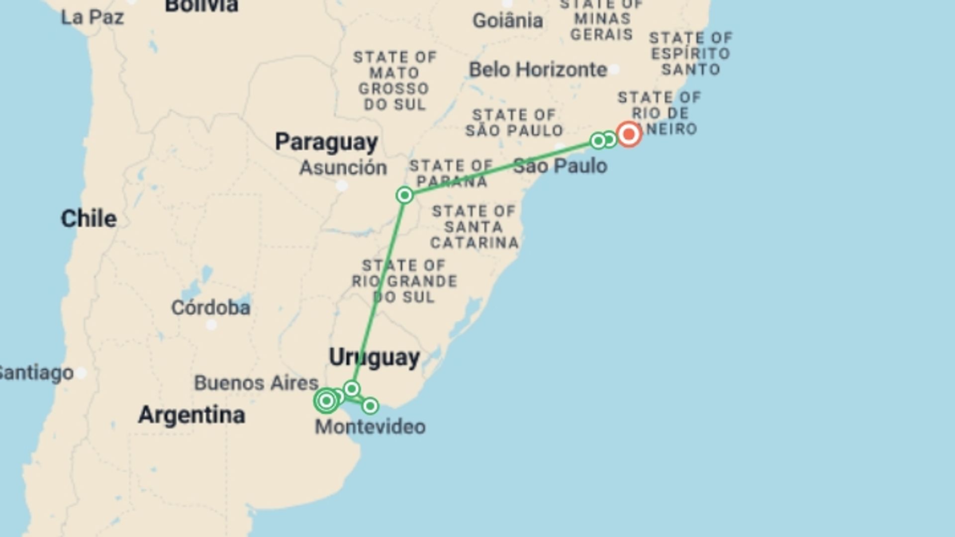 A map showing the tour itinerary for the trip: Buenos Aires to Rio de Janeiro: Falls & Footy, starting in Buenos Aires, Argentina and ending in Rio de Janeiro, Brazil going through 6 other destinations.