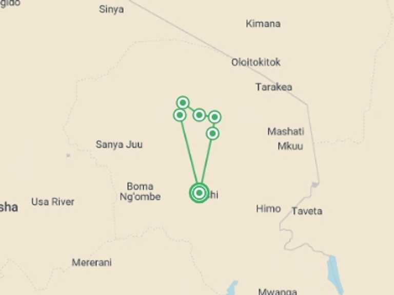 Map of Africa Tour with 7 destination visits for the trip: Mt Kilimanjaro Trek - Machame Route (8 Days)