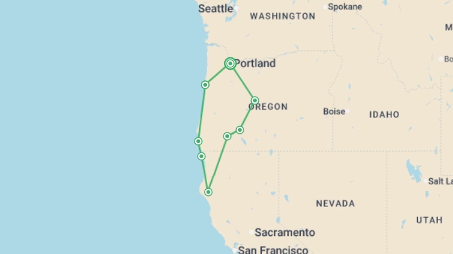 A map showing the tour itinerary for the trip: Oregon Loop - 7 days, starting in Portland, OR, USA and ending in Portland, OR, USA going through 5 other destinations.
