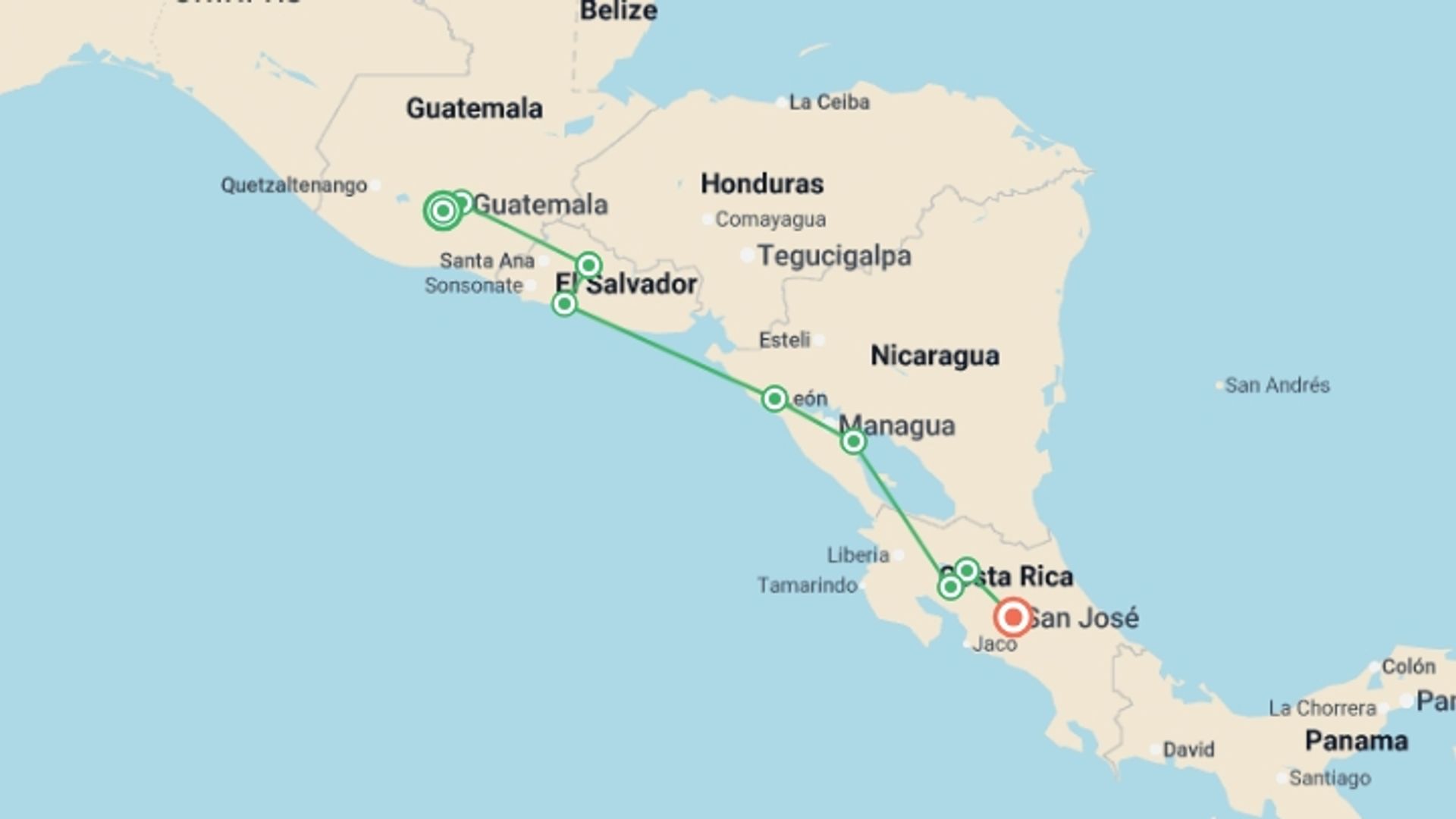 A map showing the tour itinerary for the trip: Central American Journey, starting in Antigua, Guatemala and ending in San Jose, Costa Rica going through 10 other destinations.